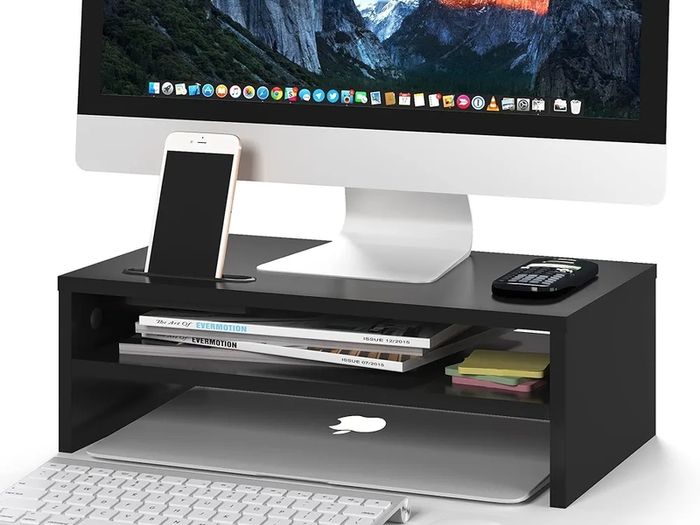 Wooden Desk Riser for Screen and Laptop, 420mm Wide PC Platform with Cable Slots, Phone Holder, 30kg Load, Ergonomic Desktop Organiser for Home Office Use