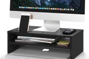 Wooden Desk Riser for Screen and Laptop, 420mm Wide PC Platform with Cable Slots, Phone Holder, 30kg Load, Ergonomic Desktop Organiser for Home Office Use