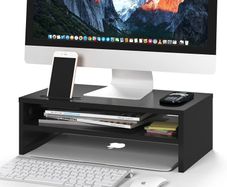 Wooden Desk Riser for Screen and Laptop, 420mm Wide PC Platform with Cable Slots, Phone Holder, 30kg Load, Ergonomic Desktop Organiser for Home Office Use