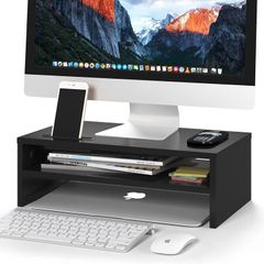 Wooden Desk Riser for Screen and Laptop, 420mm Wide PC Platform with Cable Slots, Phone Holder, 30kg Load, Ergonomic Desktop Organiser for Home Office Use