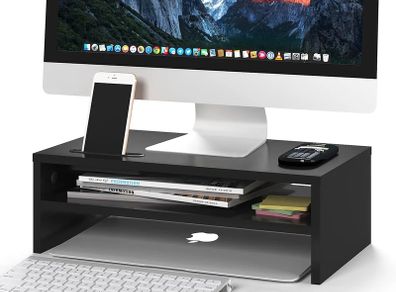 Wooden Desk Riser for Screen and Laptop, 420mm Wide PC Platform with Cable Slots, Phone Holder, 30kg Load, Ergonomic Desktop Organiser for Home Office Use