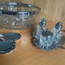 Vintage Silver Plate Rim Pressed Glass Bowl with silver-plated condiment set and matching spoons. Image 5