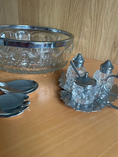 Vintage Silver Plate Rim Pressed Glass Bowl with silver-plated condiment set and matching spoons.