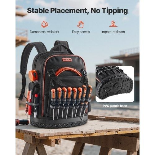 Tool Backpack, 64 Pockets, Heavy-duty Tools Storage Organizer Work Bags with Laptop Compartment & Molded Base, Electrician Jobsite Backpack for Electrician, Repairman, and HVAC Techs
