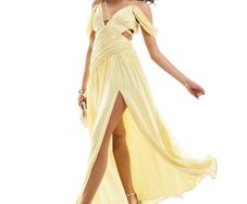 ASOS DESIGN Ruched Fallen Shoulder Cut Out Maxi Dress Yellow Size 6!