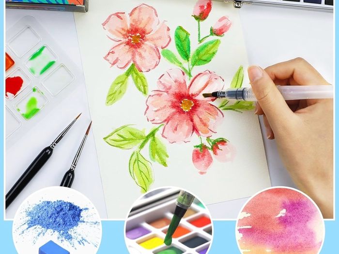 Watercolour Paint Set 50 Colors in Portable Box Including 4 Fluorescent Colors, Travel Watercolour Set with brushes and other Tools, Idea for Artists and Hobbyists