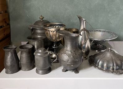 Vintage, mid century Pewter brass metal bundle photography props still life
