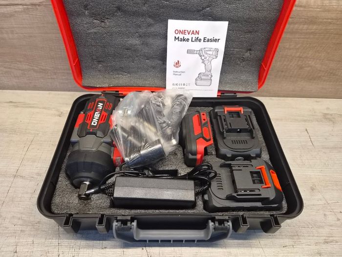ONEVAN 1/2 inch Cordless Impact Wrench 1700Nm Brushless Electric with 2 Batteries & Fast Charger Red Black