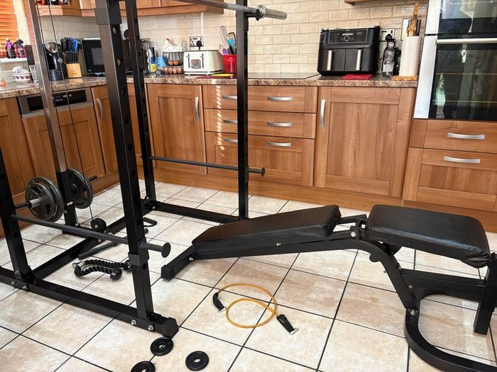 Beautiful Olympic Power Rack + Full Size Integrated Cable System, Olympic Weight, Dumbbells, Bench +