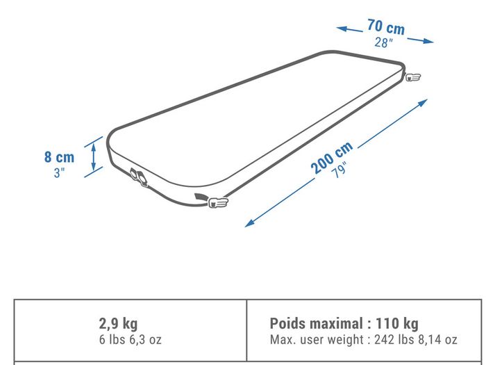 QUECHUA Self-inflating, 1-person camping mattress - Ultim Comfort, 200 x 70 cm - Grey