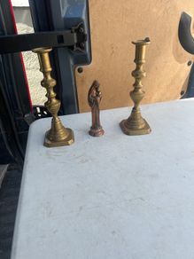 2 solid brass candle holders/ solid copper holy statue