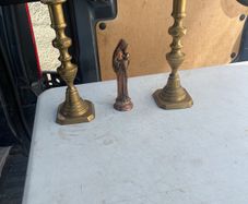 2 solid brass candle holders/ solid copper holy statue