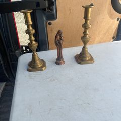 2 solid brass candle holders/ solid copper holy statue