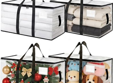 4 Pack 90L Clear Moving Bags, Large Clothes Storage Bags with Zips & Handles, Transparent Packing Bags with Label Window, Heavy Duty Storage Bags for Moving House, Bedding, Duvet, Clothes