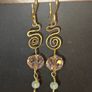 Handmade Brass Drops, Wire Swirl Jewelry, Pink Crystal Bead Dangles, Boho Ear Hooks Image 8
