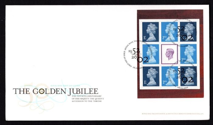 2002 Great Britain A Great Accession Golden Jubilee of Queen Elizabeth II Stamp Booklet Pane Royal Mail Addressed First Day Cover (FDC)
