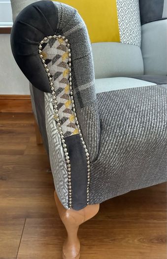 Stunning Queen Anne armchair. Ochre and grey velvet and tweeds with solid oak legs. Collection only Swords area.