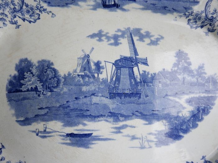 Large Antique Delft Pottery Platter,  Vintage Serving Plate in Blue and White,  Collectable China and Ceramics 16" x 11,5"