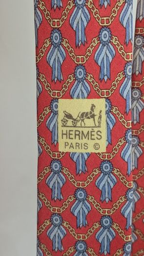 Hermes Paris Silk Tie Red Blue Chain Print Made In France Luxury Designer