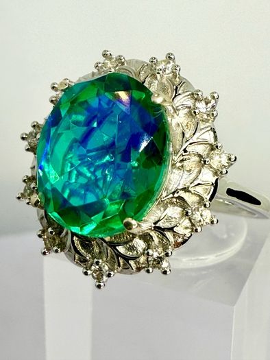 Peacock Triplet Quartz & White Zircon Ring
