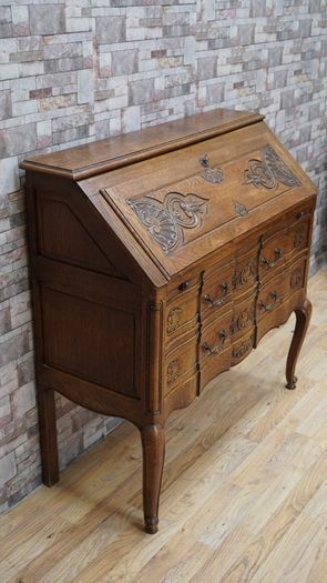 French Louis XV Revival Carved Solid Oak Bureau/Secretary, c.1920s