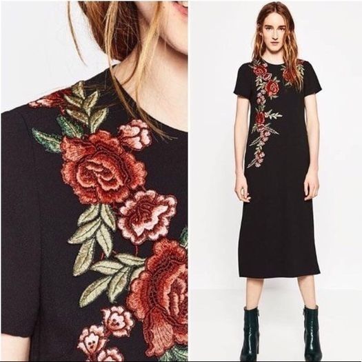 NEW - Zara Embroidered black midi dress UK 8
