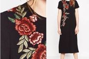 NEW - Zara Embroidered black midi dress UK 8