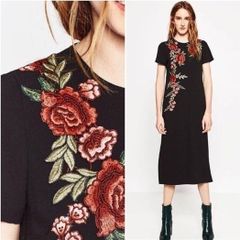 NEW - Zara Embroidered black midi dress UK 8