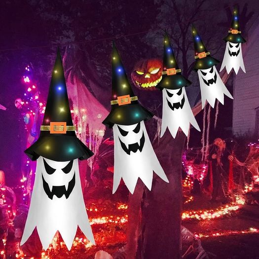 FREE SHIPPING Halloween Decorations Outdoor, Hanging Ghosts, Flying Ghost Hats, 5Pcs Halloween Glowing Witch Hats with Led LIghts, Scary Halloween Decor Outdoor Indoor for Home