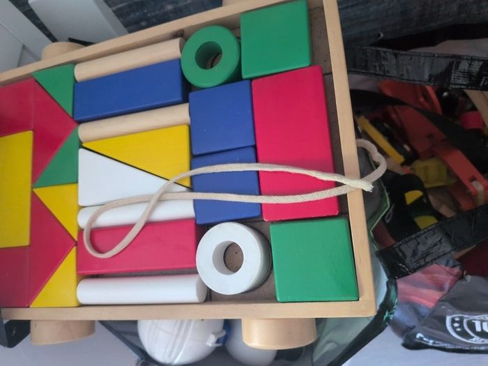 IKEA MULA wooden building blocks and pull wagon
