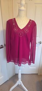 One Fuchsia Pink Beaded Chiffon Blouse Sheer Sleeve Party Evening Top UK16
