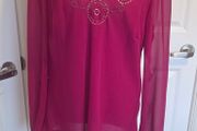 One Fuchsia Pink Beaded Chiffon Blouse Sheer Sleeve Party Evening Top UK16