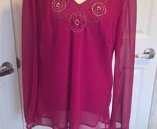 One Fuchsia Pink Beaded Chiffon Blouse Sheer Sleeve Party Evening Top UK16