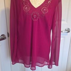 One Fuchsia Pink Beaded Chiffon Blouse Sheer Sleeve Party Evening Top UK16