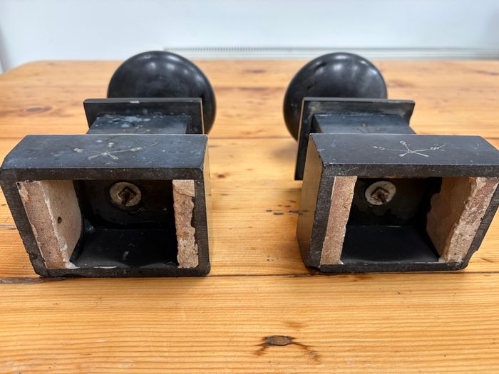 Matching pair of antique marble, slate and brass ornaments.