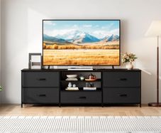 TV Unit with 5 Drawers, 140 cm, All Black  TV Console Table with Storage Organizers, Entertainment Center with Open Shelf for Living Room, Bedroom