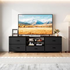 TV Unit with 5 Drawers, 140 cm, All Black  TV Console Table with Storage Organizers, Entertainment Center with Open Shelf for Living Room, Bedroom