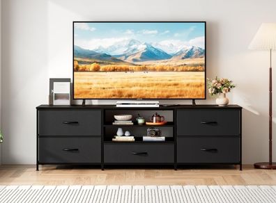 TV Unit with 5 Drawers, 140 cm, All Black  TV Console Table with Storage Organizers, Entertainment Center with Open Shelf for Living Room, Bedroom