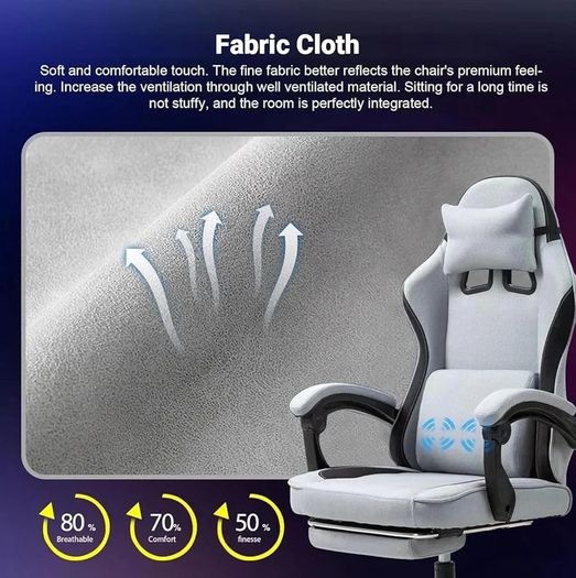 Fabric Massage Gaming Chair, Ergonomic Computer Chair, Video Game Chair, Massage Office Chair, Desk Swivel Chair, Adjustable, Reclining, Footrest, Massage Cushion, Fabric Material, Grey, New