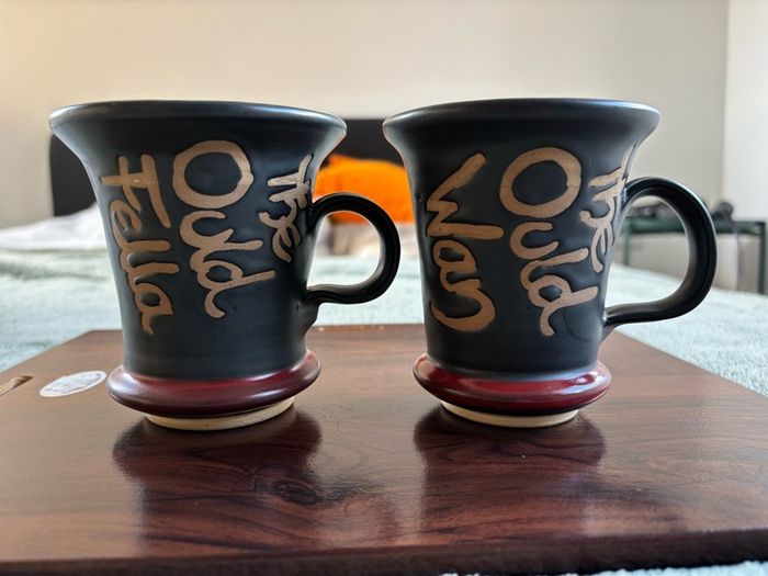 A Pair of Brand New Moville Pottery 'Ould Fella' and 'Ould Wan' Mugs