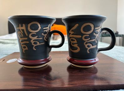 A Pair of Brand New Moville Pottery 'Ould Fella' and 'Ould Wan' Mugs