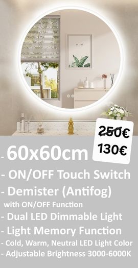 LED Bathroom Mirrors Selection Clock Speakers Bluetooth Demister Antifog Wi-Fi Weather Station Makeup