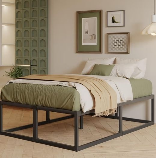 46 cm High Metal Bed Frame 140x190 cm, Heavy Duty Platform Bed Frame with Steel Slats Support, Large Underbed Storage, Noise Free, Easy Assembly, Black