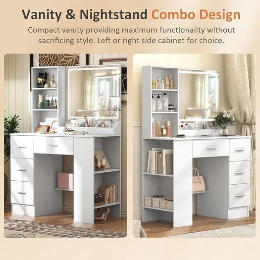 White Dressing Table with LED Mirror 3-Color Lights & Side Cabinet, 2-in-1 Makeup Vanity Desk and Nightstand with 4 Drawers & 6 Storage Shelves, Girls Vanity Table Bedroom Dresser, Large 90cm