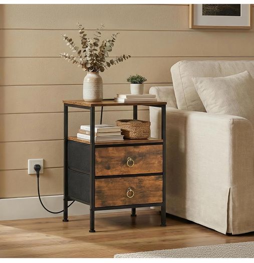 Bedside Table with Charging Station, Side Table with 2 USB Ports and Outlet