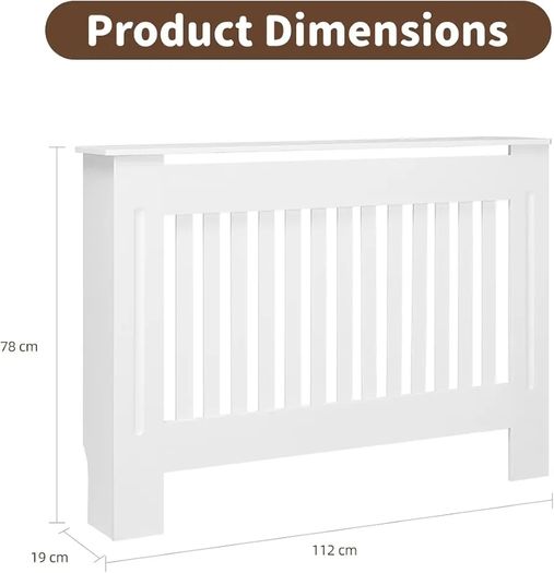 Arlington Radiator Cover White - Medium - Modern Shaker Style Vertical Slat Design For Optimal Heat Circulation - H83.3xW111xD19cm - Painted MDF Cabinet with Wood Top Shelf