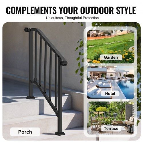 Outdoor Steps, 2-3 Step Stair Hand Rail Kit, Transitional Carbon Steel Railings with Installation Kit, Stair Rails for Seniors, Concrete Steps & Porch & Deck, Black Retro Arch