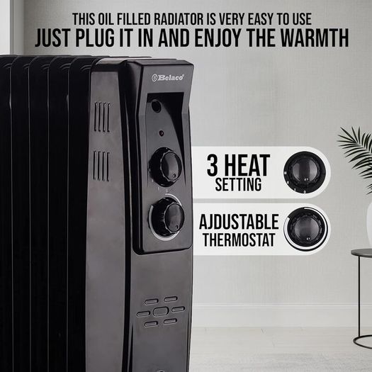 2500W Oil Filled Radiator Heater, 11 Fins Portable Electric Radiator with Adjustable Thermostat & Safety Cut-Off, Energy Saving Room Heater for Home & Office - Black