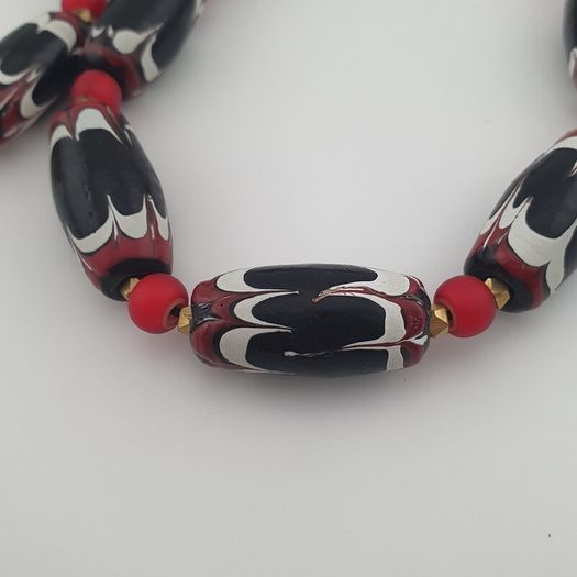 Antique Venetian Style Black Trade & Red Venetian Whiteheart Glass Beads Necklace
