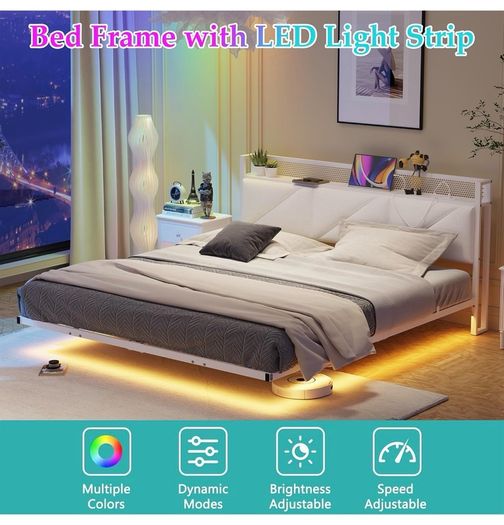 Floating King Metal Bed Frame with LED Lights & USB Charging Station, 150x200cmMetal